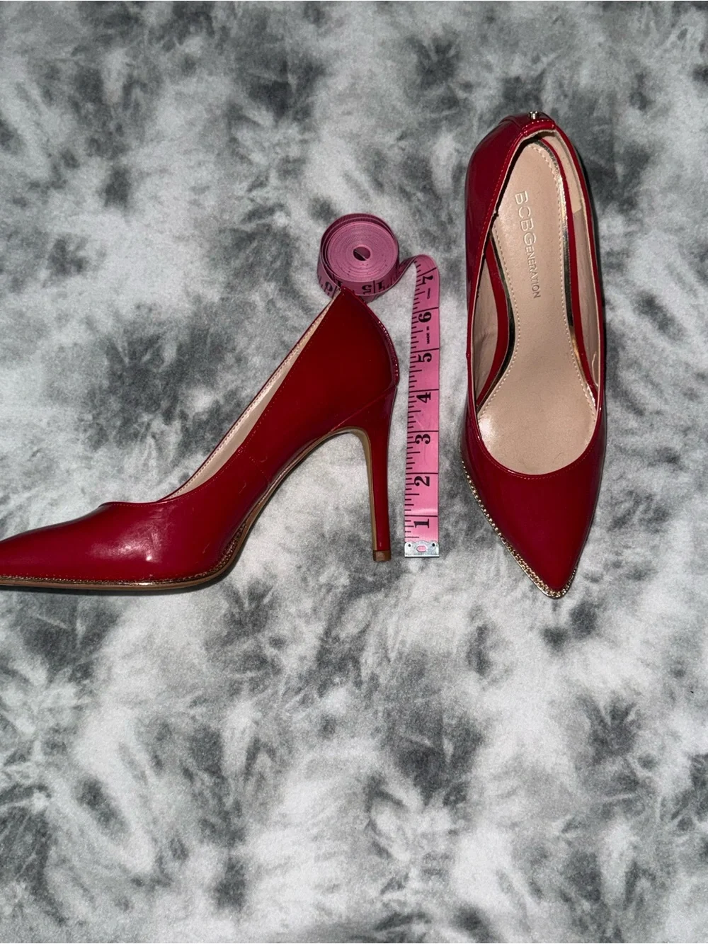 BCBGeneration Red Patent Pointed-Toe Stiletto Pumps with Gold Trim